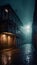 The eerie atmosphere of a fictitious dockland area at night. AI generated illustration