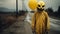 Eerie Clown Mask With Yellow Balloon On An Empty Road