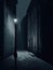 An eerie dark alleyway lit by a single flickering streetlight and dotted with dangerous shadows. Gothic art. AI