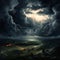 Eerie and Dramatic Thunderstorm Above Serene Landscape