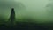 Eerie Dreamscape Woman In Green Dress Walking Through Fog