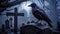 Eerie Elegance: Raven Perched on Tombstone Amidst Mystical Graveyard Rain