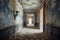 eerie empty hallway with peeling wallpaper in old mansion