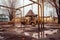 an eerie, empty playground with rusted swings and slide