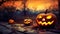 Eerie Encounter Jack O\\\' Lanterns in a Spooky Forest with Ghost Lights - Halloween Background. created with Generative AI