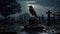 Eerie Encounter: Raven Perched on Rain-Drenched Tombstone in Haunting Graveyard