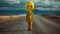 Eerie Encounter: Sad Clown Head Meets Smiling Masked Figure On A Desolate Road