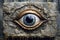 an eerie eye carved into an ancient stone tablet