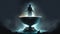 An eerie figure hovering above a mysterious glowing bowl. Fantasy art. AI generation