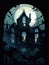 The eerie glow of the moonlight peers through the broken windows of a haunted mansion. Gothic art. AI generation