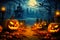 Eerie Halloween Atmosphere: Pumpkins, Candles, and Castle Silhouette