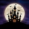 Eerie Halloween castle silhouetted against a backdrop of the full moons ethereal glow