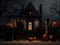 Eerie Halloween Cinematic Scene with Pumpkins, Ghosts, and Costumed Figures against Spooky Palace Backdrop