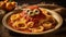 Eerie Halloween dish with monster eyes in pasta and creepy sauce, perfect for spooky holiday celebrations. Ghoulish and delicious