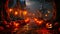 Eerie Halloween Night with Haunted Houses, Jack-o\'-lanterns.Generative AI