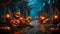 Eerie Halloween Nightscape with Jack o\' Lanterns.Generative AI