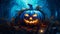 Eerie Halloween Pumpkin Casts its Haunting Glow in a Dark Forest with a Backdrop of the Moonlit Sky AI generated