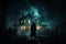 Eerie haunted mansion glowing windows, ghostly figure in shadowy corner