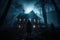 Eerie haunted mansion glowing windows, ghostly figure in shadowy corner