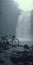 Eerie Landscape: Cinematic Still Shot Of Empty Bicycle By Foggy Waterfall