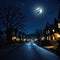 an eerie looking picture shows a town by a small dark street in a residential neighborhood at