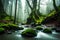 Eerie And Misty Forest Filled With Ancient Trees Moss Covered Rocks And Hidden Streams, Concept Of Mysterious And. Generative AI