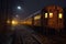 eerie night shot of rusting train carriages