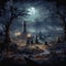 Eerie Nocturne: Moonlit Cemetery in Mesmerizing Illustration