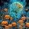 Eerie Old Halloween Pumpkins Adorned with Spider Webs and Spiders in Moonlight Shadows AI generated