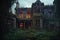 eerie old mansion with overgrown garden at dusk