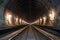 eerie perspective of a long, empty subway tunnel