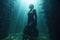 eerie silhouette of a statue in a murky underwater setting