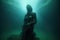 eerie silhouette of a statue in a murky underwater setting