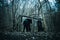 An eerie spooky hooded figure standing by a ruined hut in a forest in winter. With a dark moody edit.