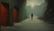 Eerie Surreal Landscape: Old Man, Red Doors, And Ominous Figures