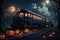 Eerie Train Ride Through a Moonlit Nightmare. Halloween Train of Nightmares in 8K Ultra HD. Generet Ai.