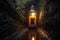 eerie tunnel lit by a lantern in a mine shaft