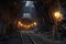 eerie underground mine tunnel with lantern light