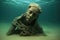 eerie underwater statue half-buried in sand