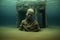 eerie underwater statue half-buried in sand