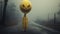 Eerie Woman With Balloon: Dark Yellow And Gray Haunting Imagery