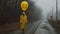 Eerie Yellow Figure With Balloon: A Surreal Photo In Grim Realism Style