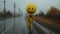 Eerie Yellow Smiling Face Character Walking In Field