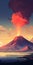 Eerily Realistic Anime Volcano Wallpaper With Graphic Design-inspired Illustrations