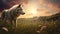 Eerily Realistic Wolf In Field At Sunset Wallpaper