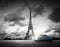 Effel Tower, Paris, France and retro car. Black and white