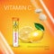 Effervescent Multivitamin tablets ads. Vector Illustration with Vitamin C container and lemon