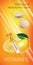 Effervescent Multivitamin tablets ads. Vector Illustration with Vitamin C container and lemon.