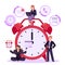 Efficiency productivity and time management vector, Business woman with laptop sitting on a huge alarm clock