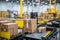 Efficient automated warehouse with continuous flow of cardboard packages on conveyor belt